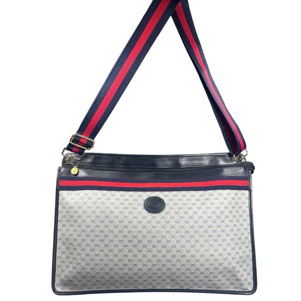 Gucci Micro GG Web Portfolio Messenger Crossbody Canvas Navy Red